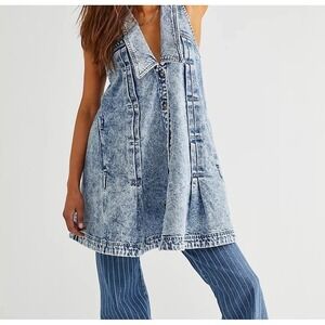 Free People Katie Denim Mini Dress Tunic Sz M Boho Chic Groovy Girl #162
